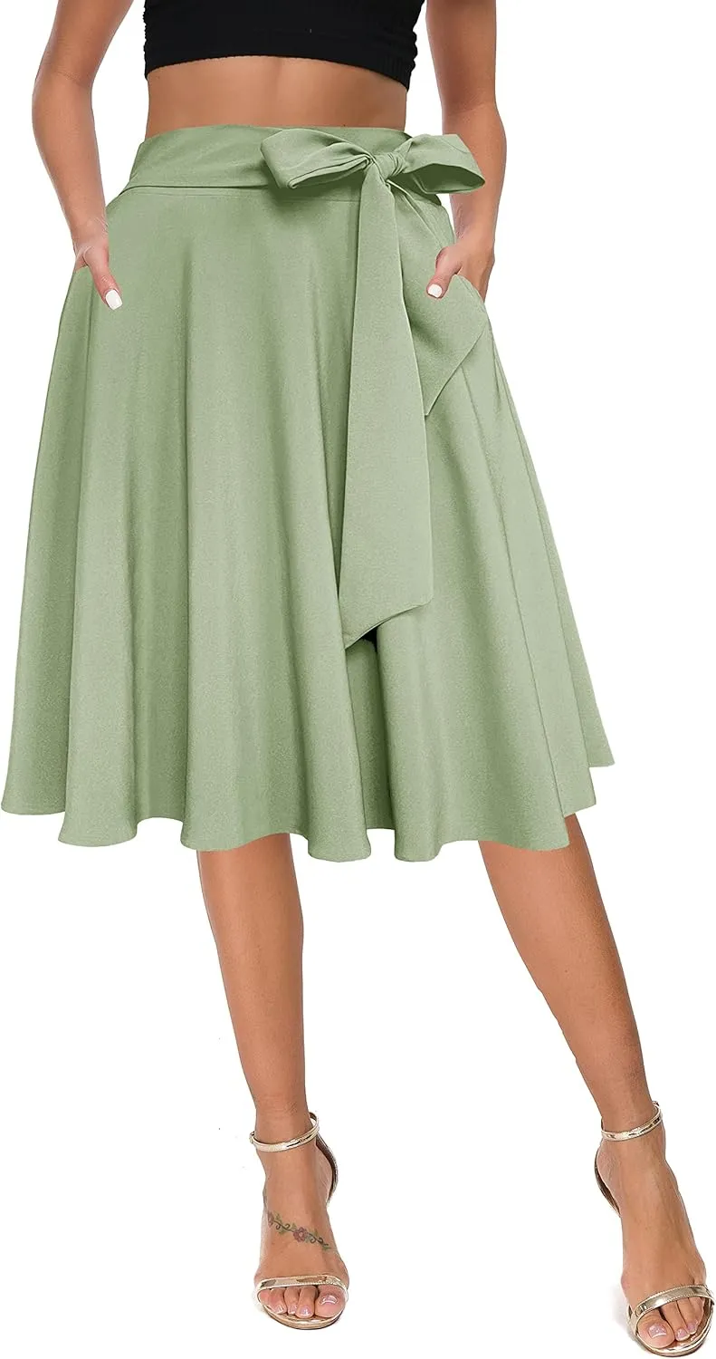 Afibi Womens Vintage High Waist A-Line Skater Skirt Flared Midi Skirt with Pockets