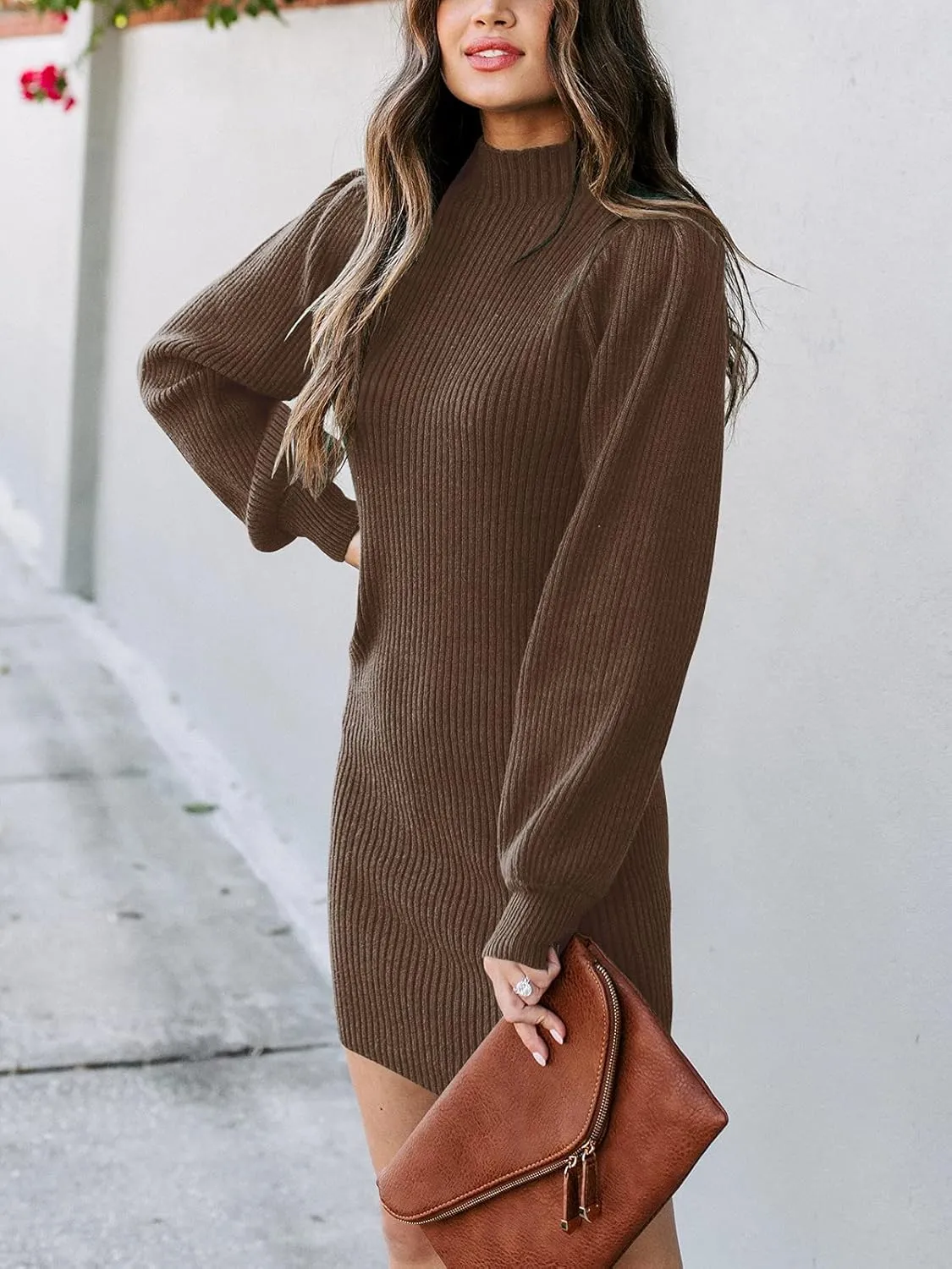 ANRABESS Women Long Sleeve Turtle Mock Neck Rib Knit Stretch Slim Fitted Bodycon Sweater Mini Short Dress 2025 Fall Outfits