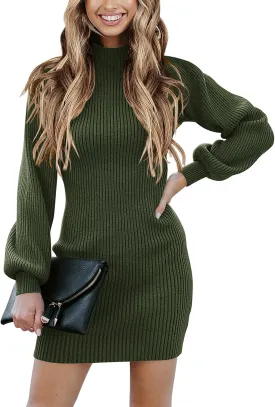 ANRABESS Women Long Sleeve Turtle Mock Neck Rib Knit Stretch Slim Fitted Bodycon Sweater Mini Short Dress 2025 Fall Outfits
