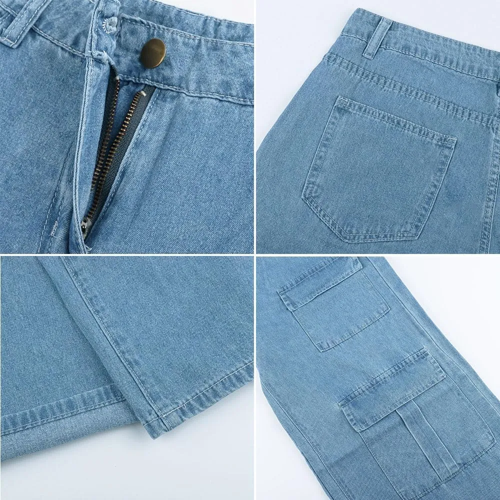 AULKEEP Womens Wide Leg Bell-Bottomed Pants Loose Baggy Denim Pants Multi-Pocket High Waist Blue Jeans