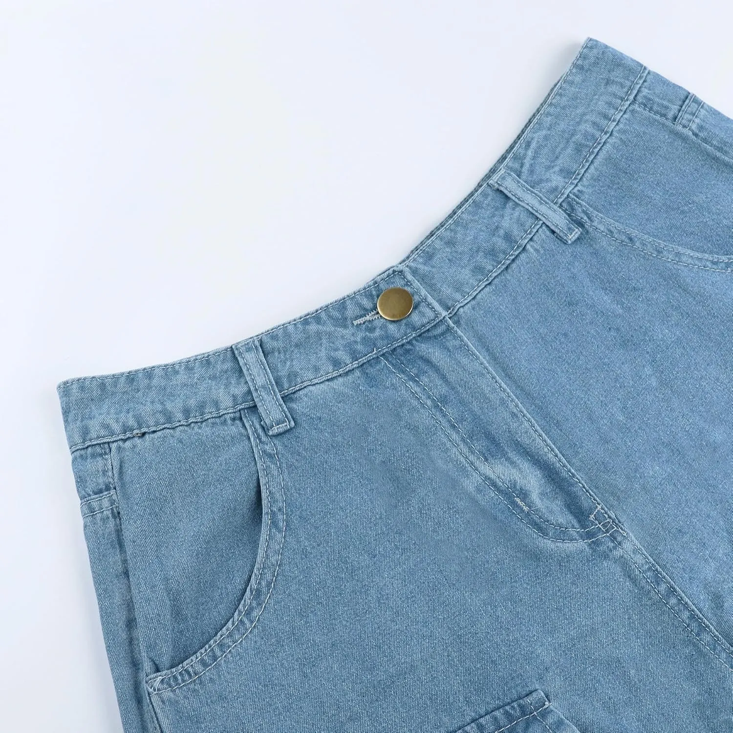 AULKEEP Womens Wide Leg Bell-Bottomed Pants Loose Baggy Denim Pants Multi-Pocket High Waist Blue Jeans