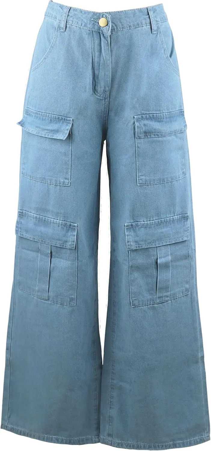 AULKEEP Womens Wide Leg Bell-Bottomed Pants Loose Baggy Denim Pants Multi-Pocket High Waist Blue Jeans
