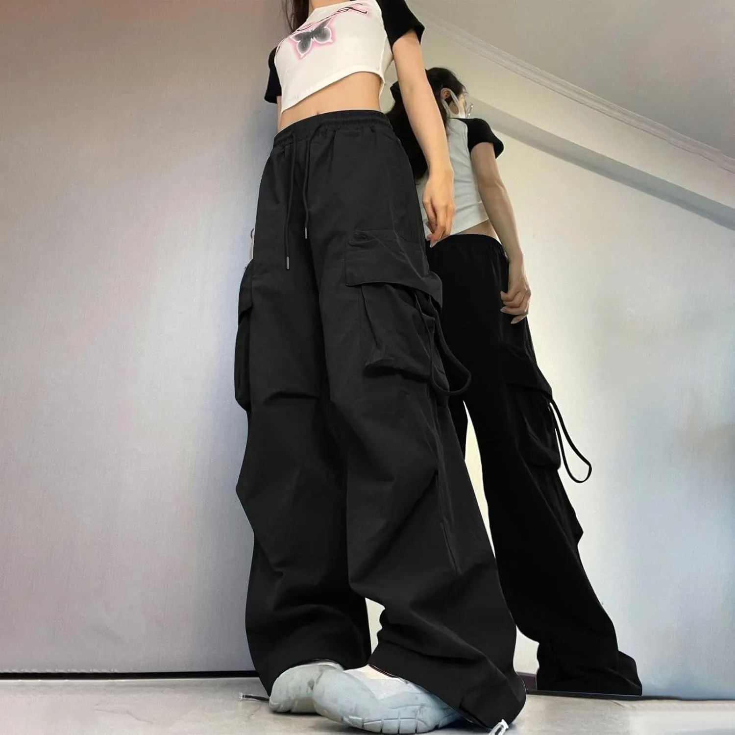 Baggy Cargo Pants Women Casual High Waisted Parachute Pants Drawstring Loose Hip Hop Wide Leg Pant Y2K Streetwear