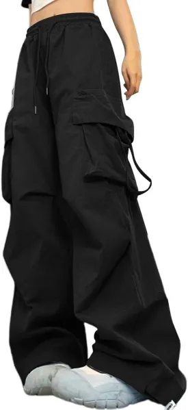 Baggy Cargo Pants Women Casual High Waisted Parachute Pants Drawstring Loose Hip Hop Wide Leg Pant Y2K Streetwear