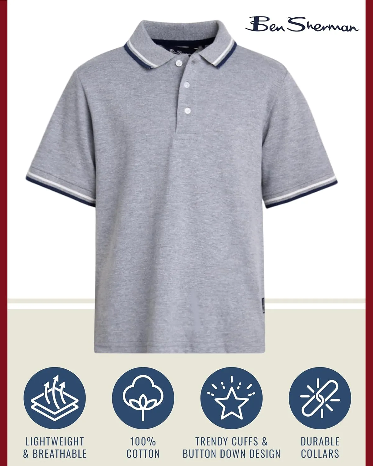Ben Sherman Boys' Polo Shirt - 2 Pack Classic Fit Short Sleeve Pique Polo - Comfort Stretch Golf Shirt for Boys (8-18)
