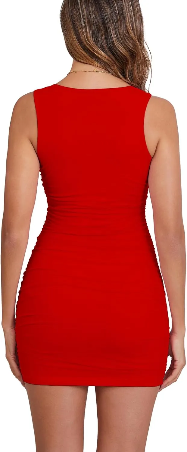BORIFLORS Women's Sexy Bodycon Corset Mini Dresses Square Neck Ruched Sleeveless Club Party Short Dress