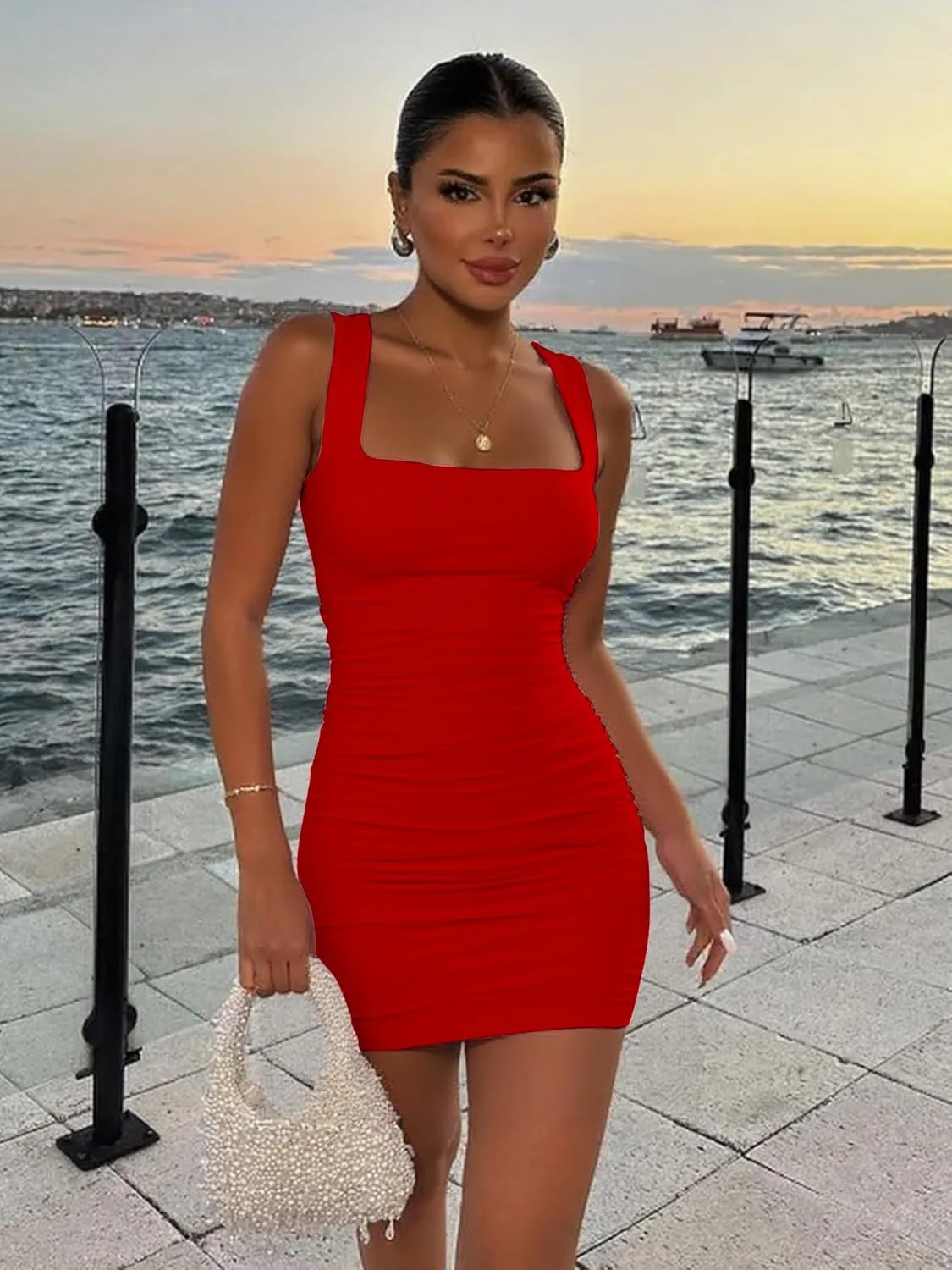 BORIFLORS Women's Sexy Bodycon Corset Mini Dresses Square Neck Ruched Sleeveless Club Party Short Dress