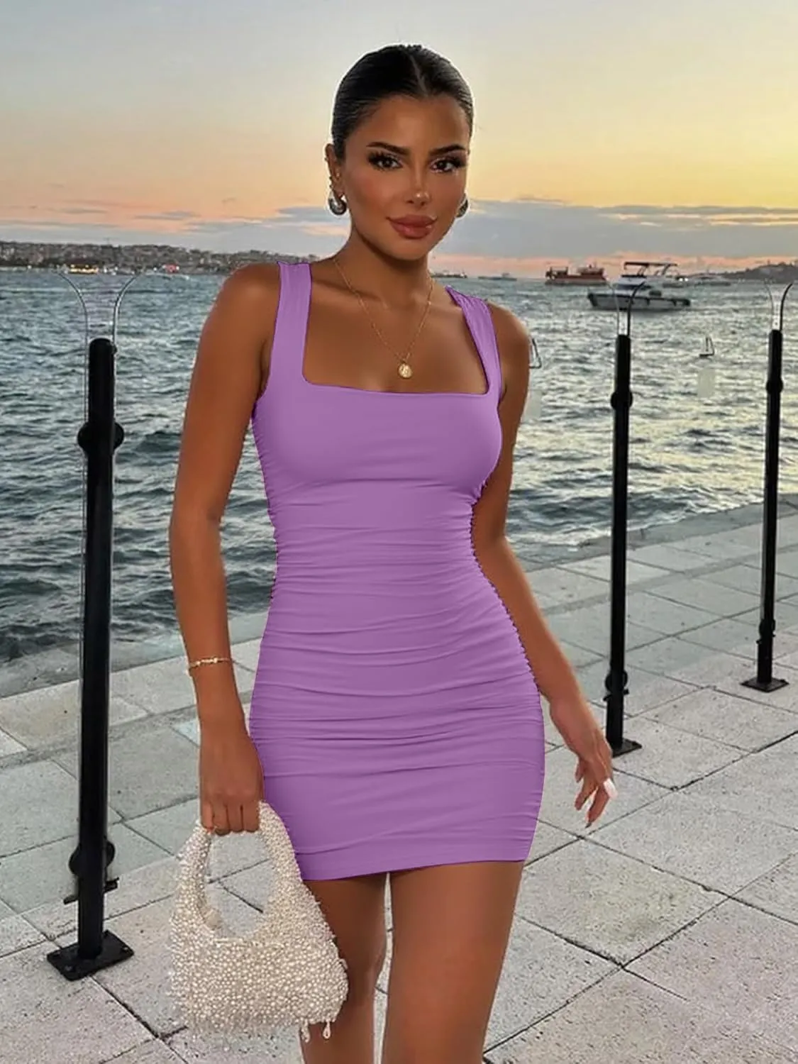 BORIFLORS Women's Sexy Bodycon Corset Mini Dresses Square Neck Ruched Sleeveless Club Party Short Dress