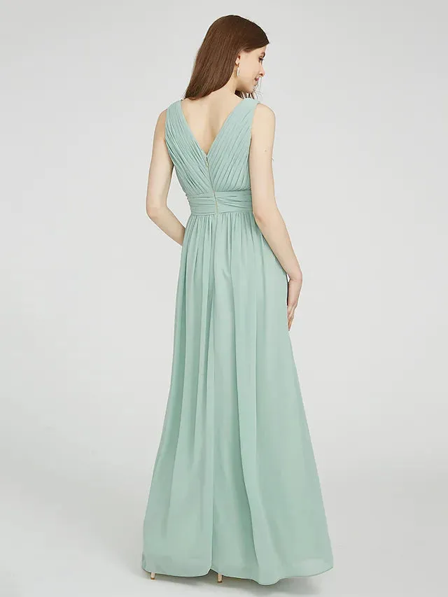 Bridesmaid Dress V Neck Sleeveless Elegant Floor Length Chiffon with Ruched  Side Draping