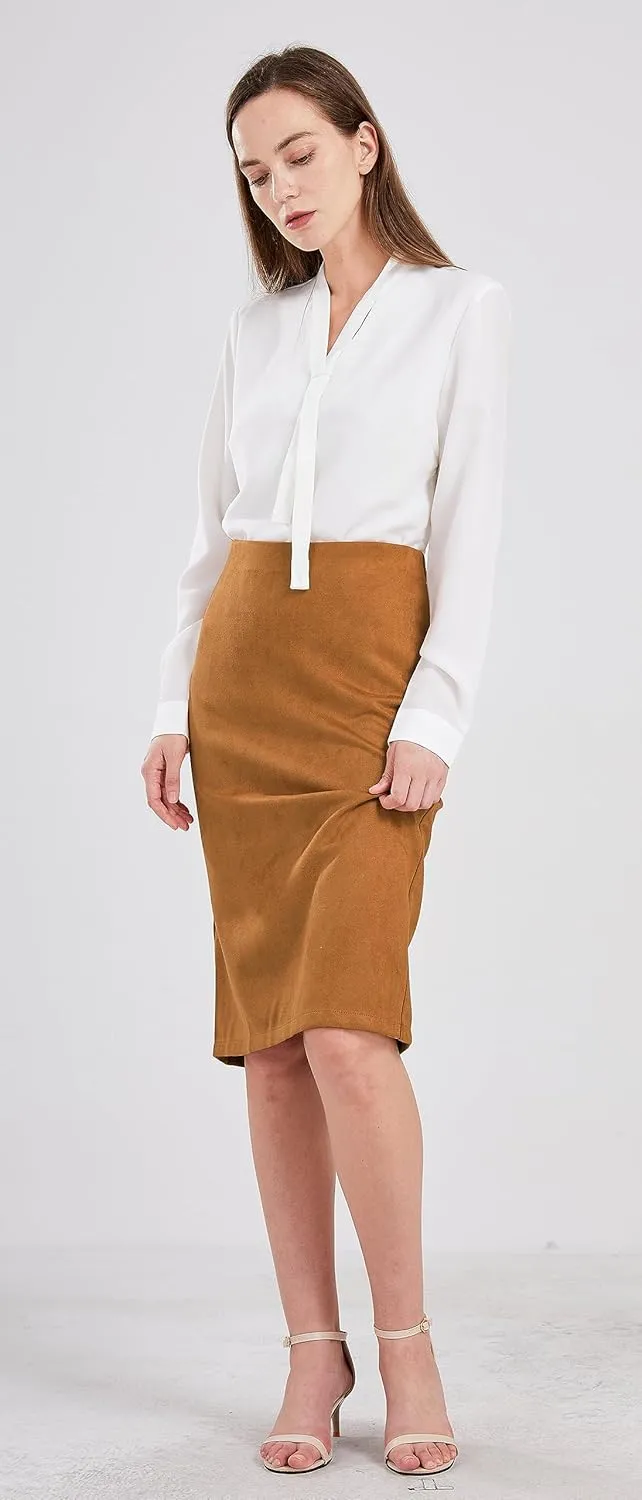 CHARTOU Womens Lightweight Elastic-Waist Faux Suede Leather Side Split Hip Packaged Skirt