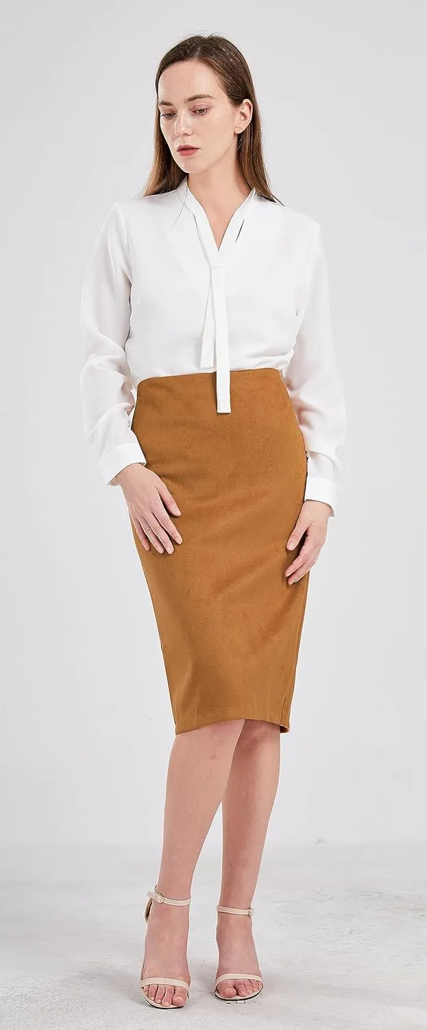 CHARTOU Womens Lightweight Elastic-Waist Faux Suede Leather Side Split Hip Packaged Skirt