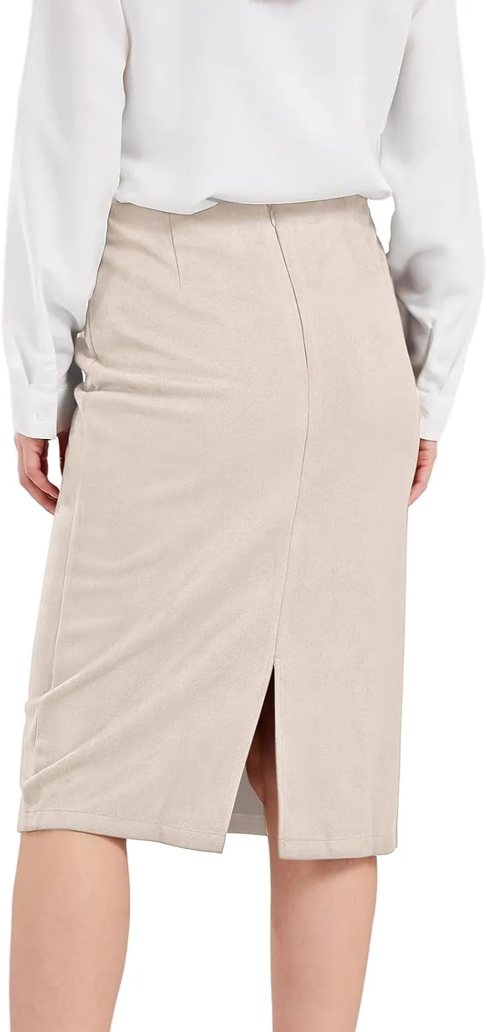 CHARTOU Womens Lightweight Elastic-Waist Faux Suede Leather Side Split Hip Packaged Skirt