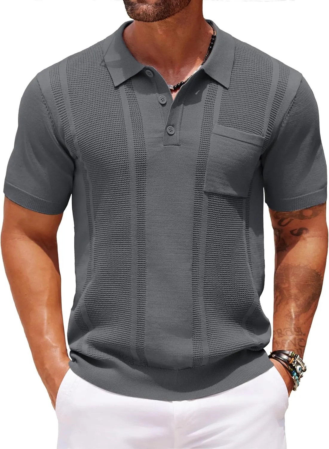COOFANDY Knit Polo Shirts for Men Short Sleeve Textured Polo Shirt Slim Fit Summer Collared T Shirt with Pocket