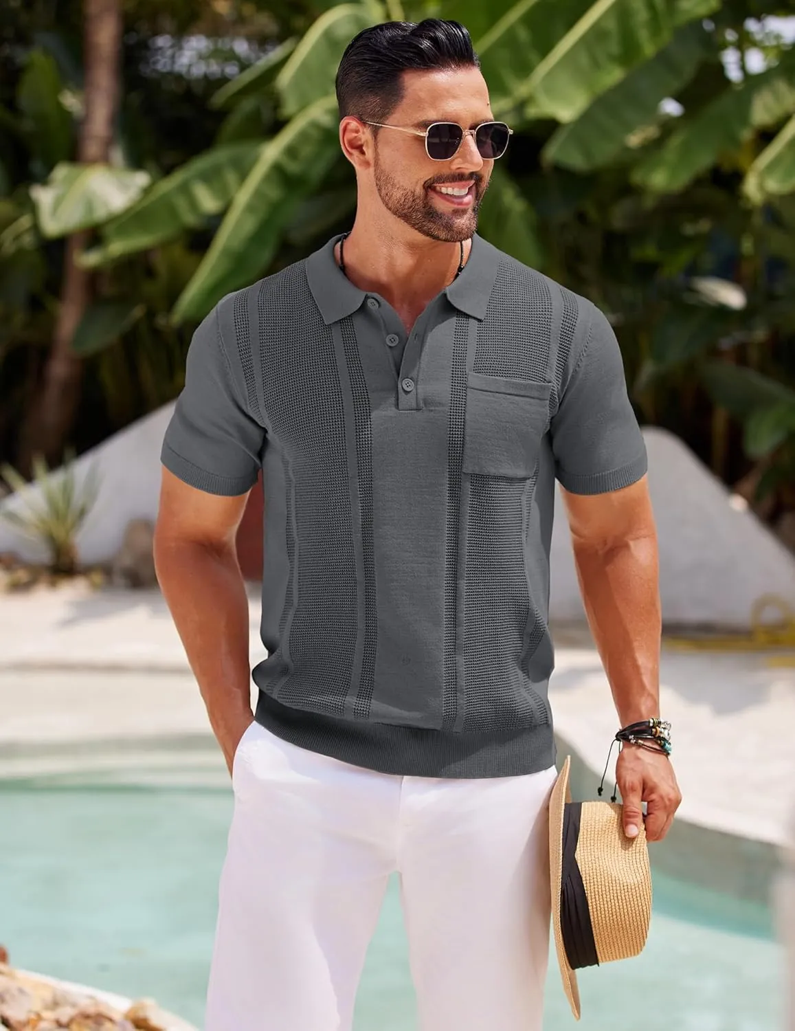 COOFANDY Knit Polo Shirts for Men Short Sleeve Textured Polo Shirt Slim Fit Summer Collared T Shirt with Pocket