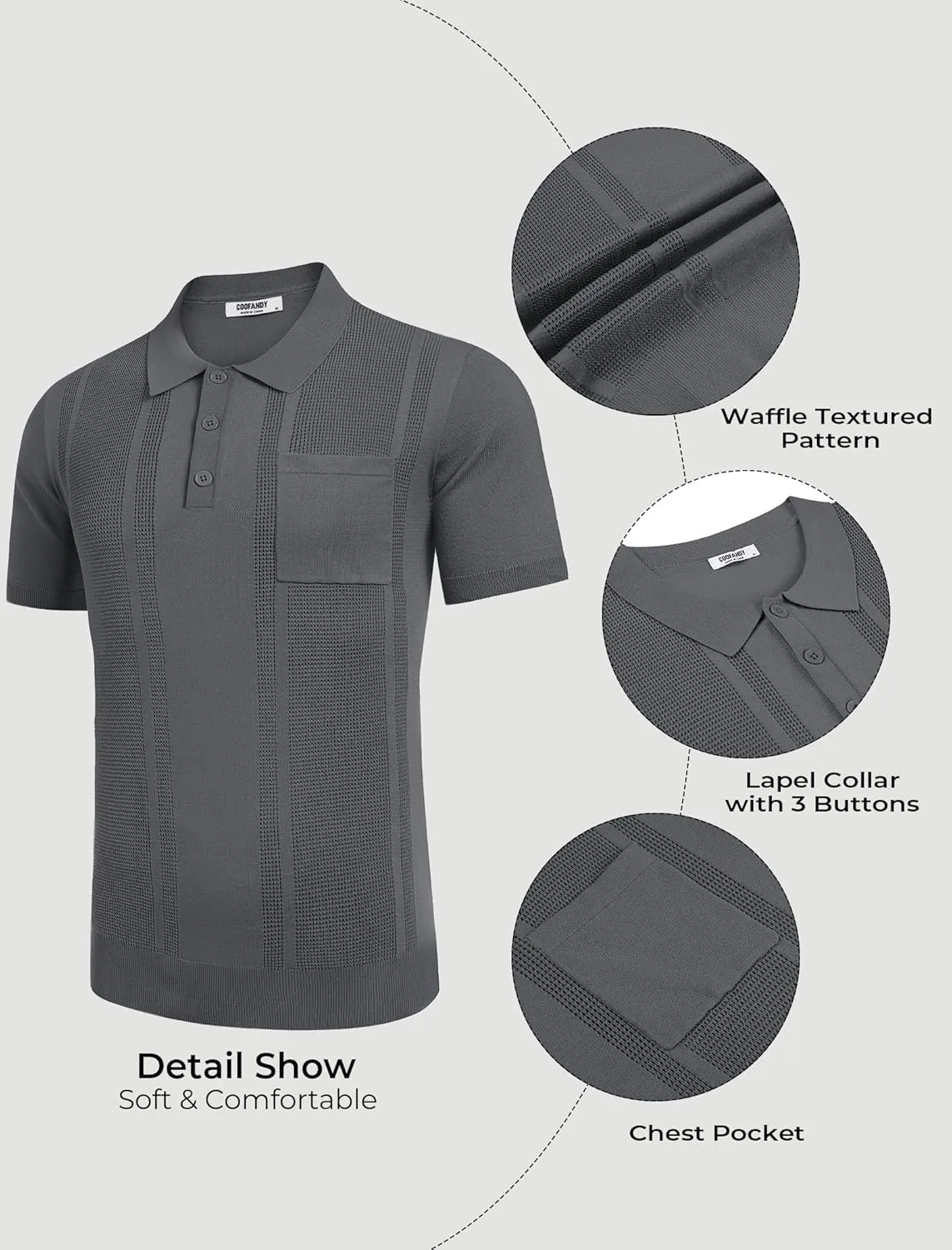 COOFANDY Knit Polo Shirts for Men Short Sleeve Textured Polo Shirt Slim Fit Summer Collared T Shirt with Pocket
