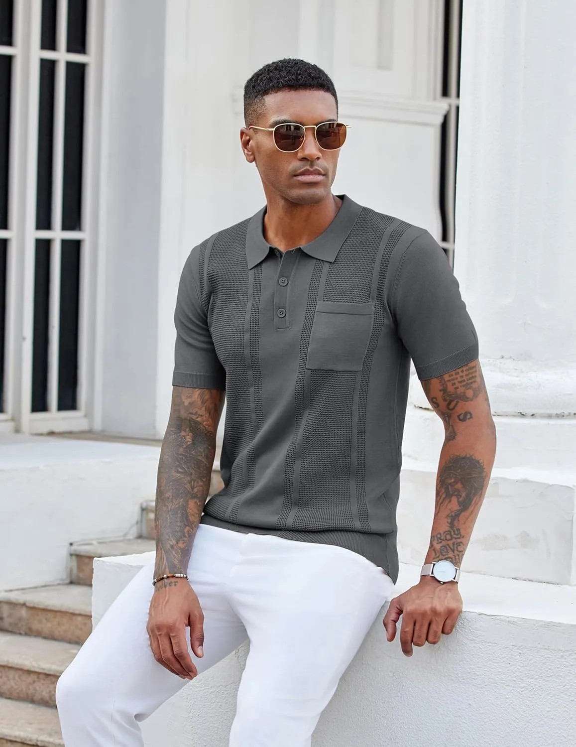 COOFANDY Knit Polo Shirts for Men Short Sleeve Textured Polo Shirt Slim Fit Summer Collared T Shirt with Pocket