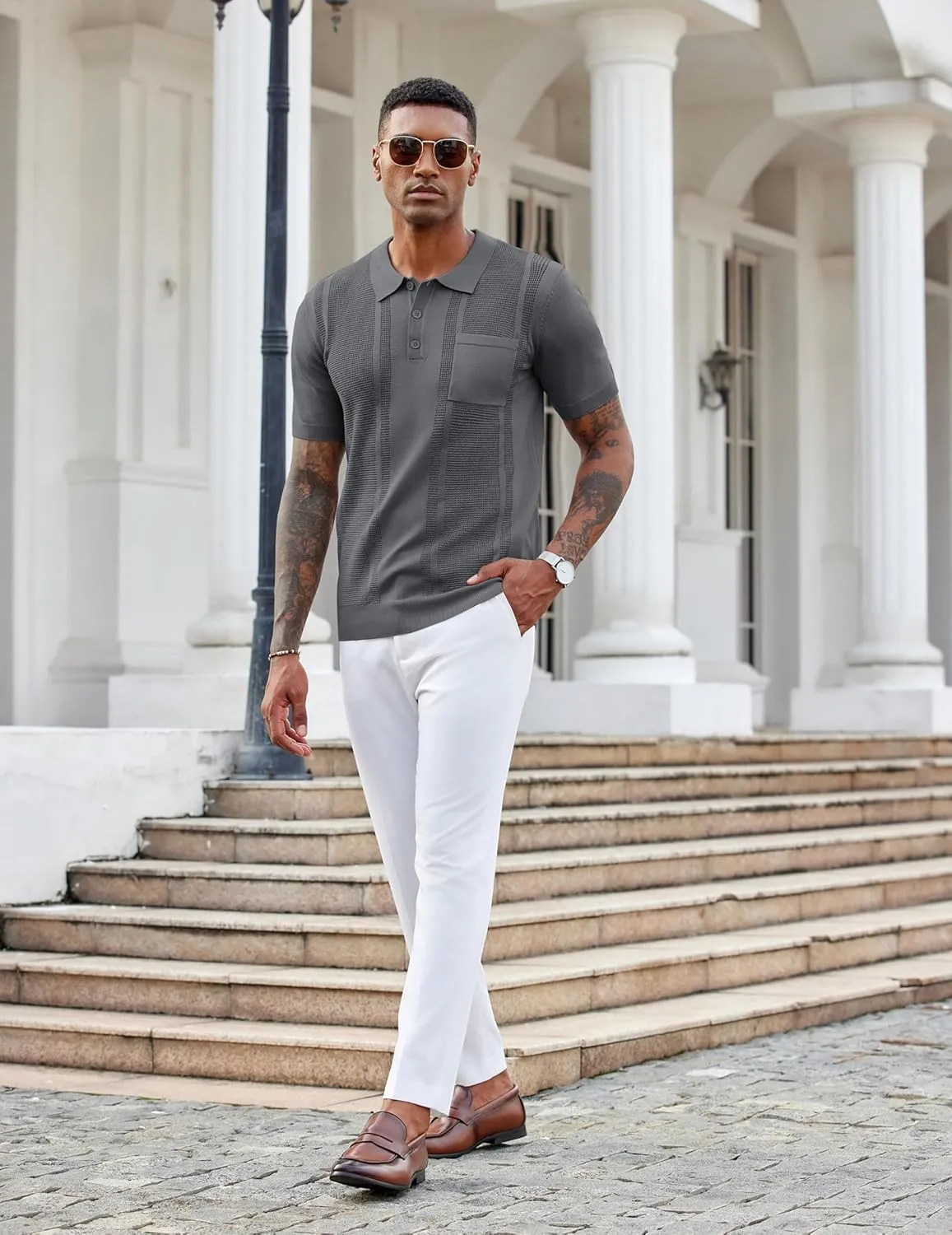 COOFANDY Knit Polo Shirts for Men Short Sleeve Textured Polo Shirt Slim Fit Summer Collared T Shirt with Pocket