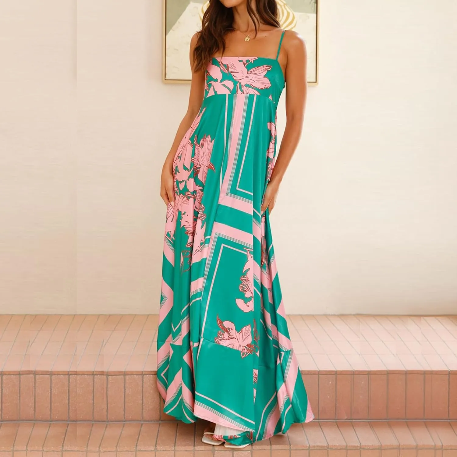 Faretumiya Women Spaghetti Strap Flowy Maxi Dress Sleeveless Stripe Print Smocked Boho Ruffle Vacation Long Beach Sundress