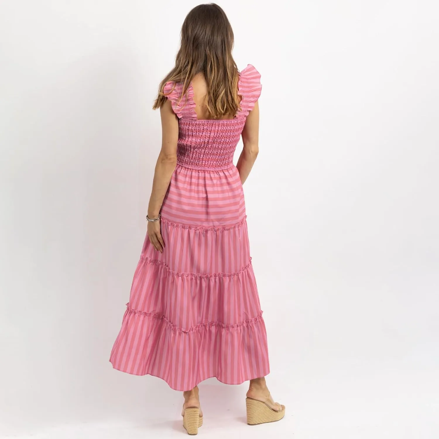 Faretumiya Women Spaghetti Strap Flowy Maxi Dress Sleeveless Stripe Print Smocked Boho Ruffle Vacation Long Beach Sundress