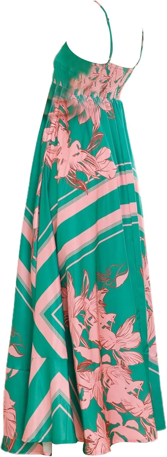 Faretumiya Women Spaghetti Strap Flowy Maxi Dress Sleeveless Stripe Print Smocked Boho Ruffle Vacation Long Beach Sundress