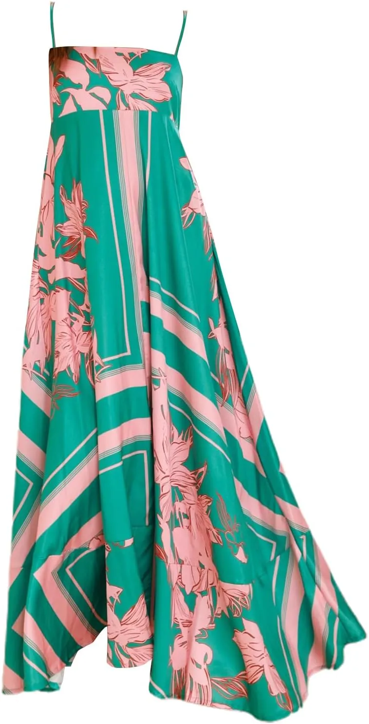 Faretumiya Women Spaghetti Strap Flowy Maxi Dress Sleeveless Stripe Print Smocked Boho Ruffle Vacation Long Beach Sundress