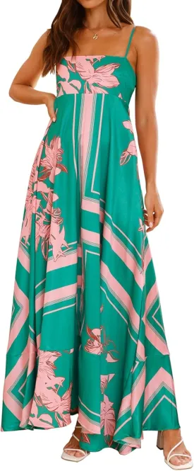 Faretumiya Women Spaghetti Strap Flowy Maxi Dress Sleeveless Stripe Print Smocked Boho Ruffle Vacation Long Beach Sundress