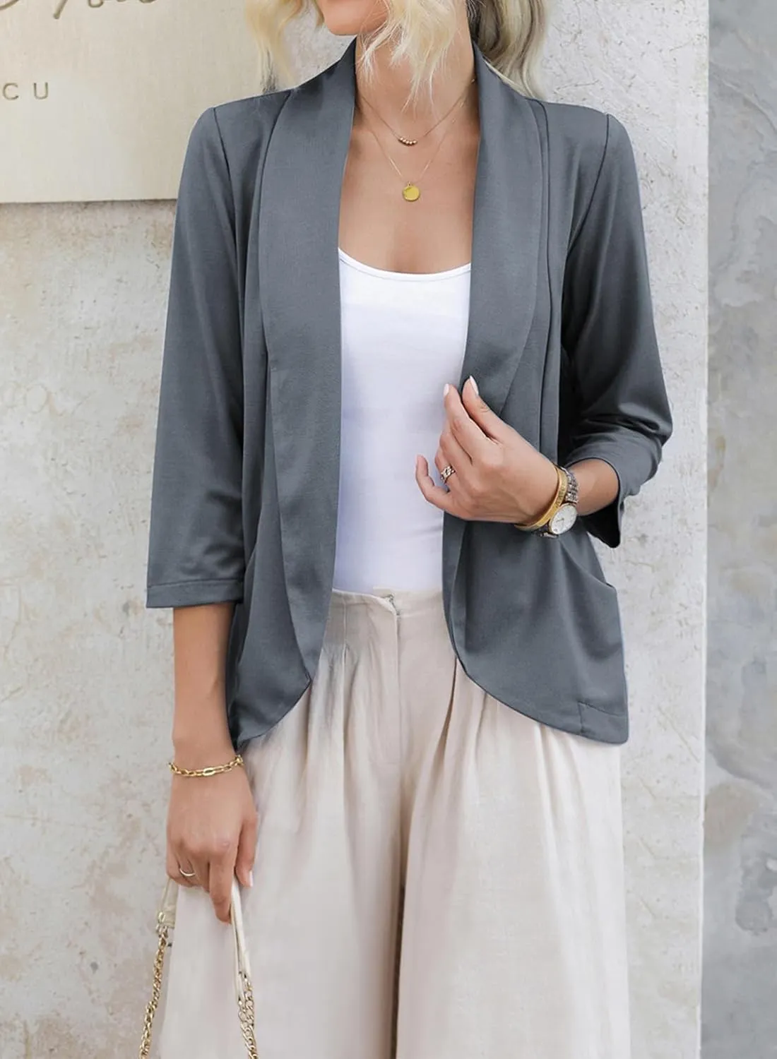 Happy Sailed Womens 3/4 Sleeve Blazers Lightweight Open Front Cardigan Jacket Office Work Suits