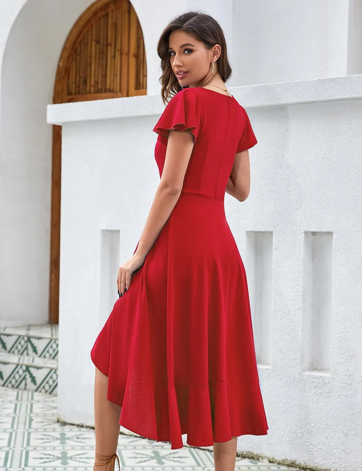HomRain V Neck Formal Wedding Guest Bridesmaid Dresses for Women 2025 Ruffle Sleeves for Cocktail Graduation Modest Dress