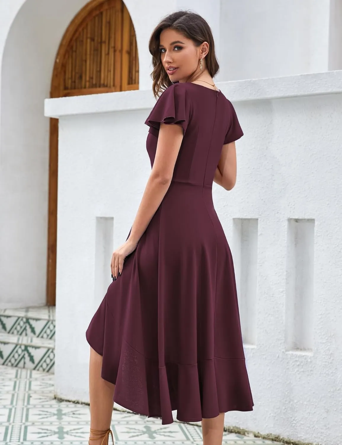 HomRain V Neck Formal Wedding Guest Bridesmaid Dresses for Women 2025 Ruffle Sleeves for Cocktail Graduation Modest Dress