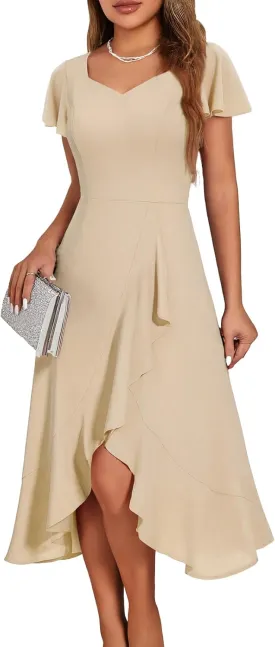 HomRain V Neck Formal Wedding Guest Bridesmaid Dresses for Women 2025 Ruffle Sleeves for Cocktail Graduation Modest Dress