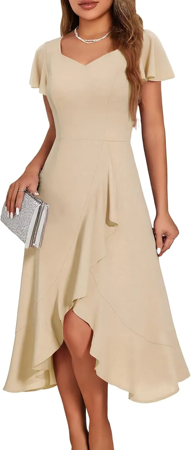 HomRain V Neck Formal Wedding Guest Bridesmaid Dresses for Women 2025 Ruffle Sleeves for Cocktail Graduation Modest Dress