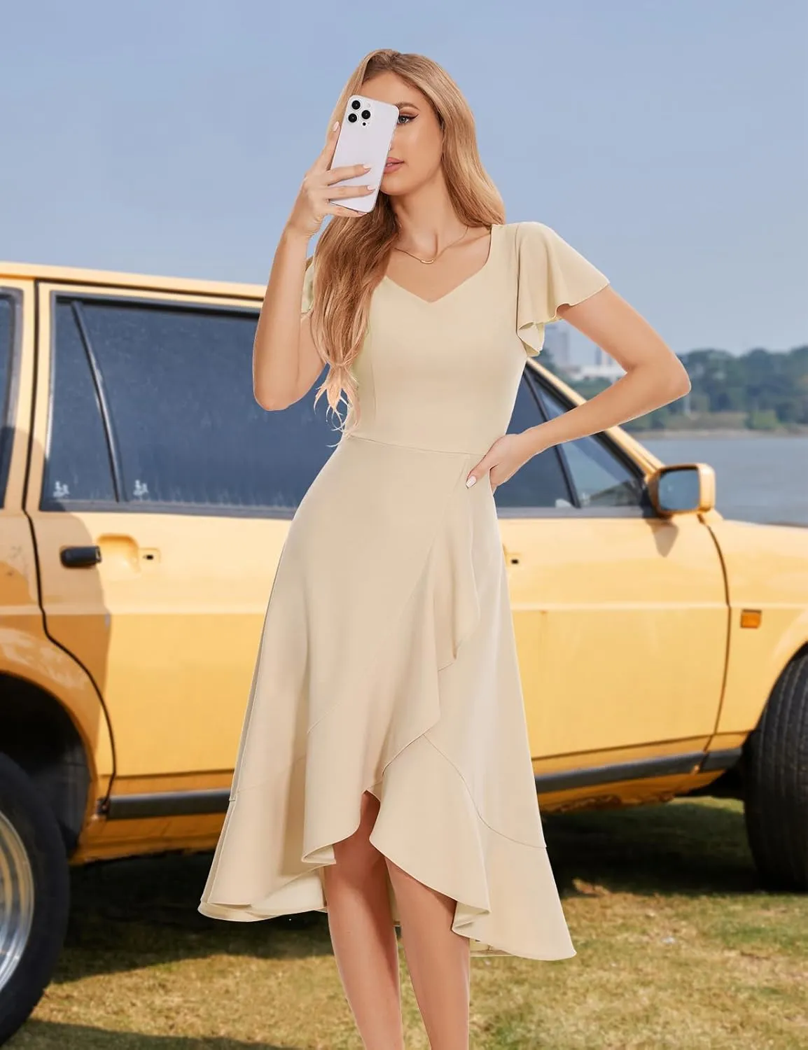 HomRain V Neck Formal Wedding Guest Bridesmaid Dresses for Women 2025 Ruffle Sleeves for Cocktail Graduation Modest Dress