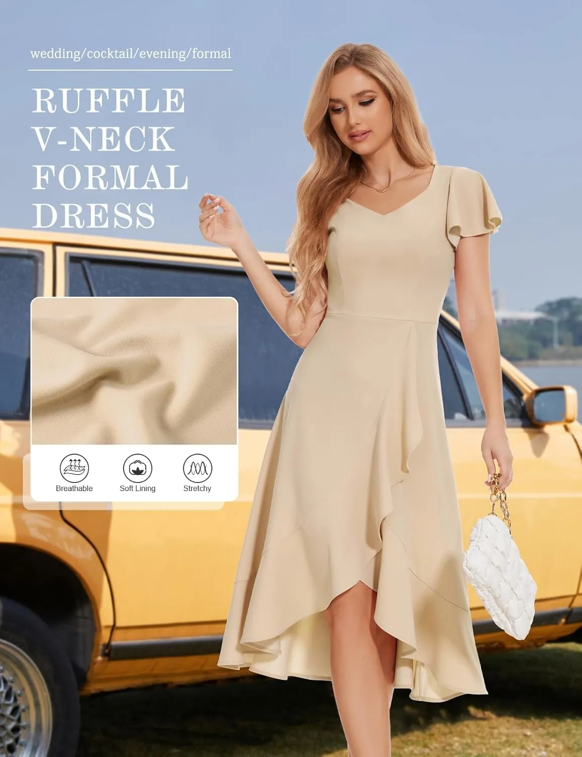 HomRain V Neck Formal Wedding Guest Bridesmaid Dresses for Women 2025 Ruffle Sleeves for Cocktail Graduation Modest Dress