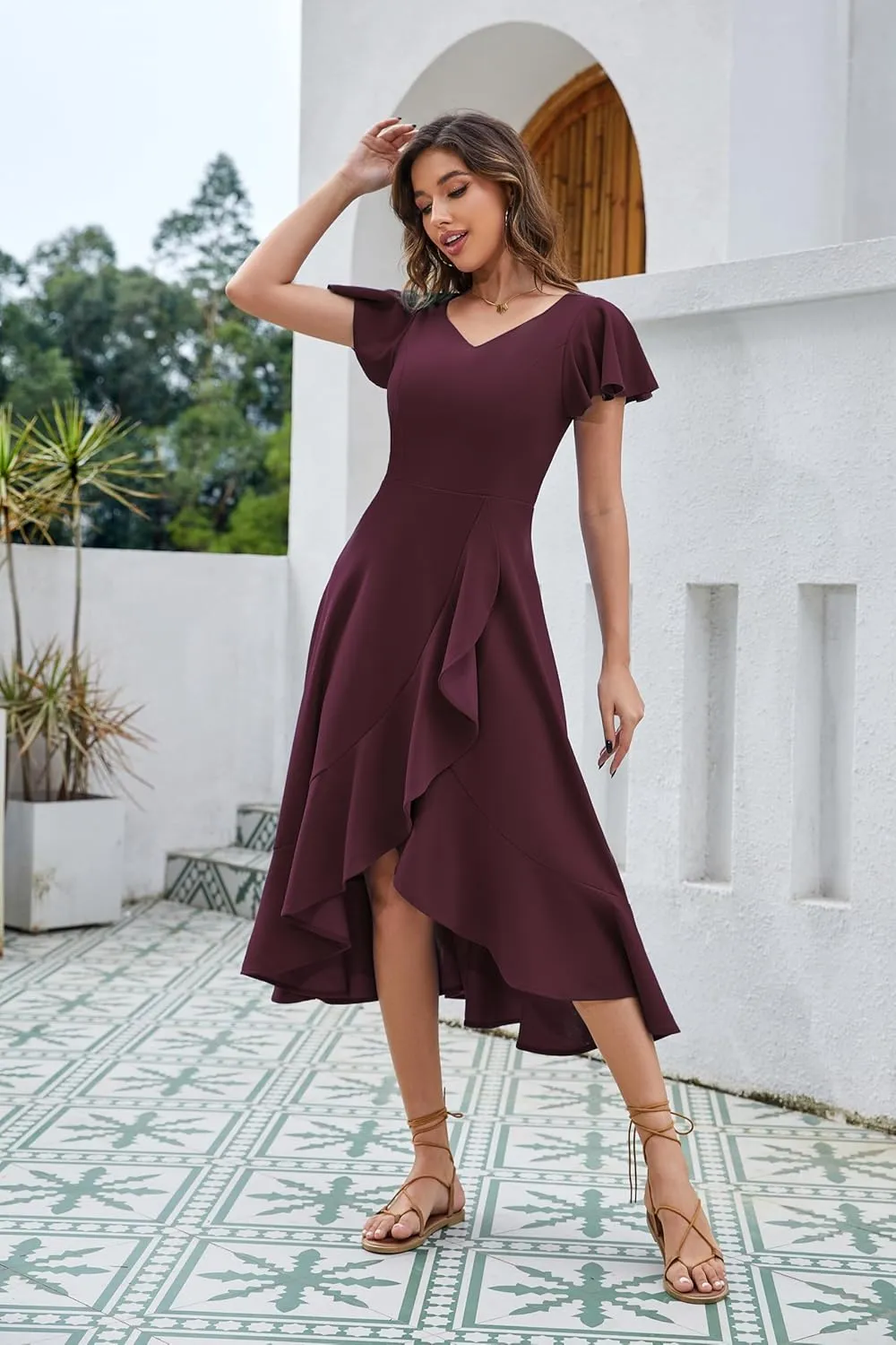 HomRain V Neck Formal Wedding Guest Bridesmaid Dresses for Women 2025 Ruffle Sleeves for Cocktail Graduation Modest Dress