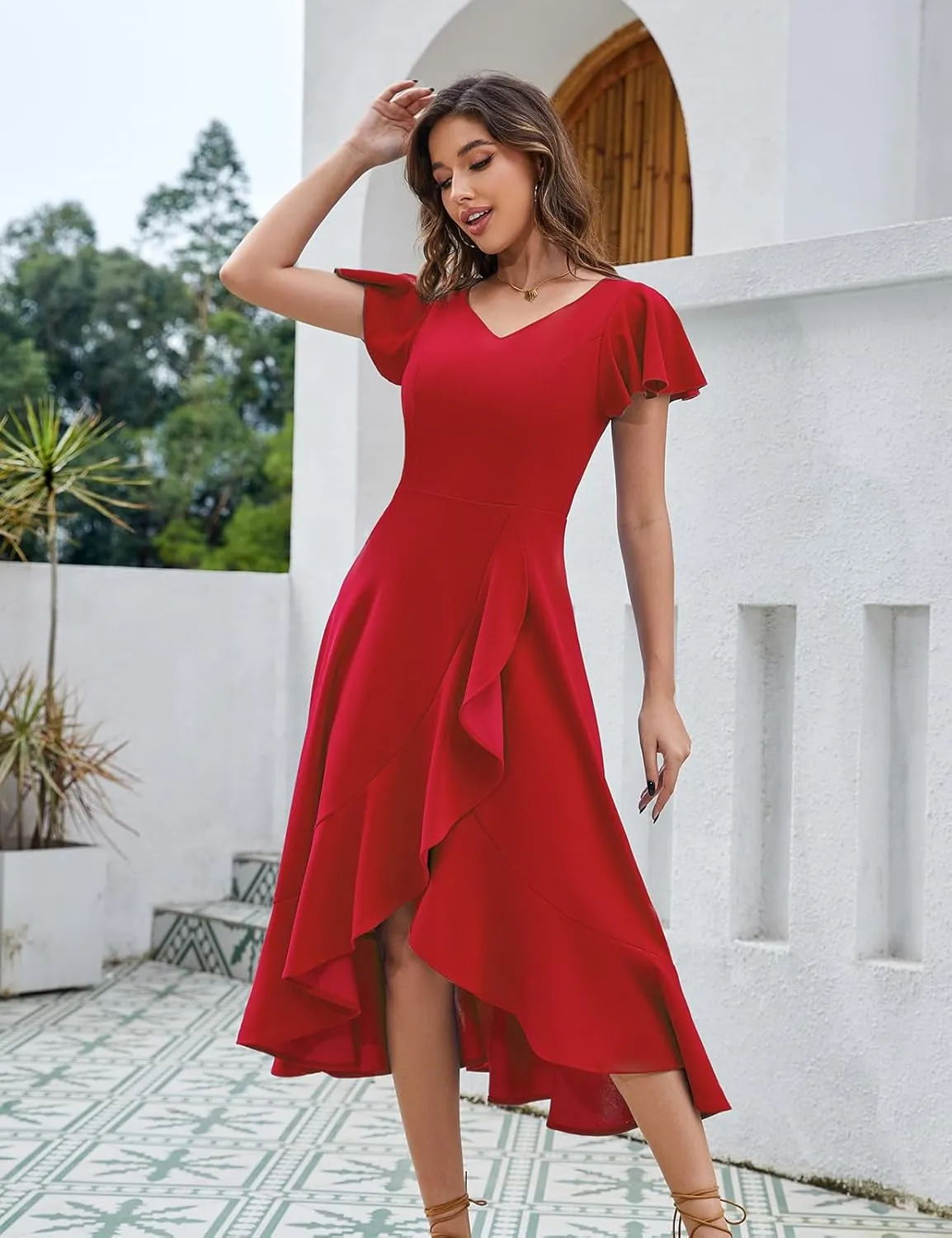 HomRain V Neck Formal Wedding Guest Bridesmaid Dresses for Women 2025 Ruffle Sleeves for Cocktail Graduation Modest Dress