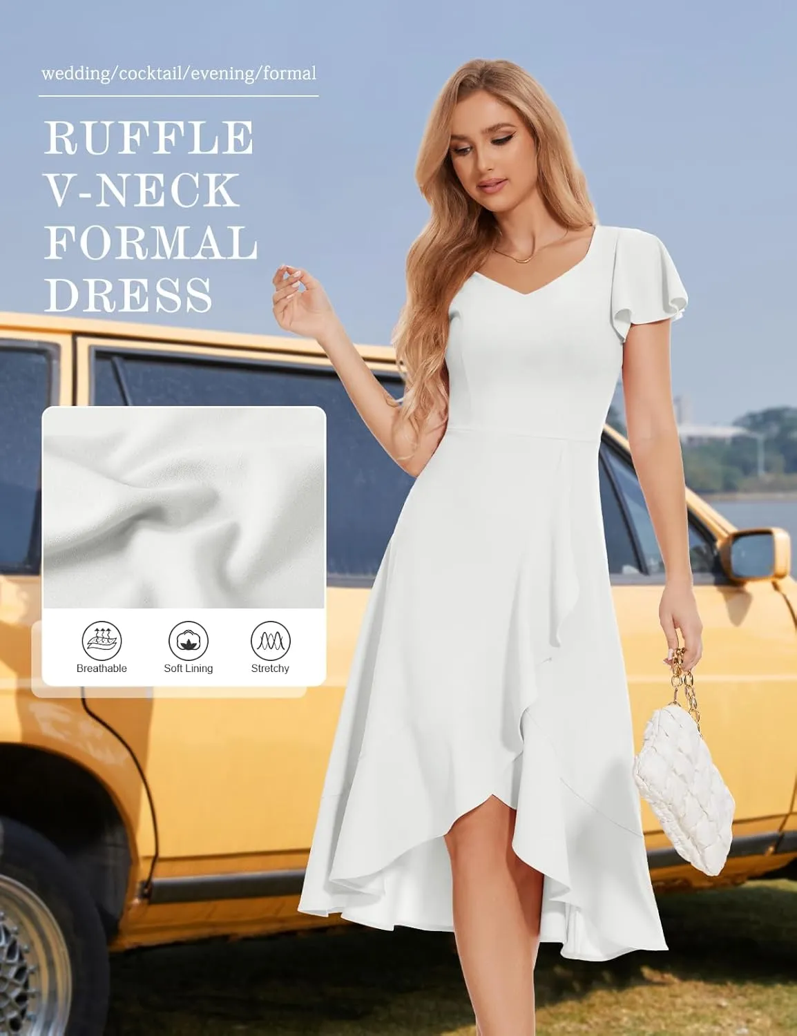 HomRain V Neck Formal Wedding Guest Bridesmaid Dresses for Women 2025 Ruffle Sleeves for Cocktail Graduation Modest Dress