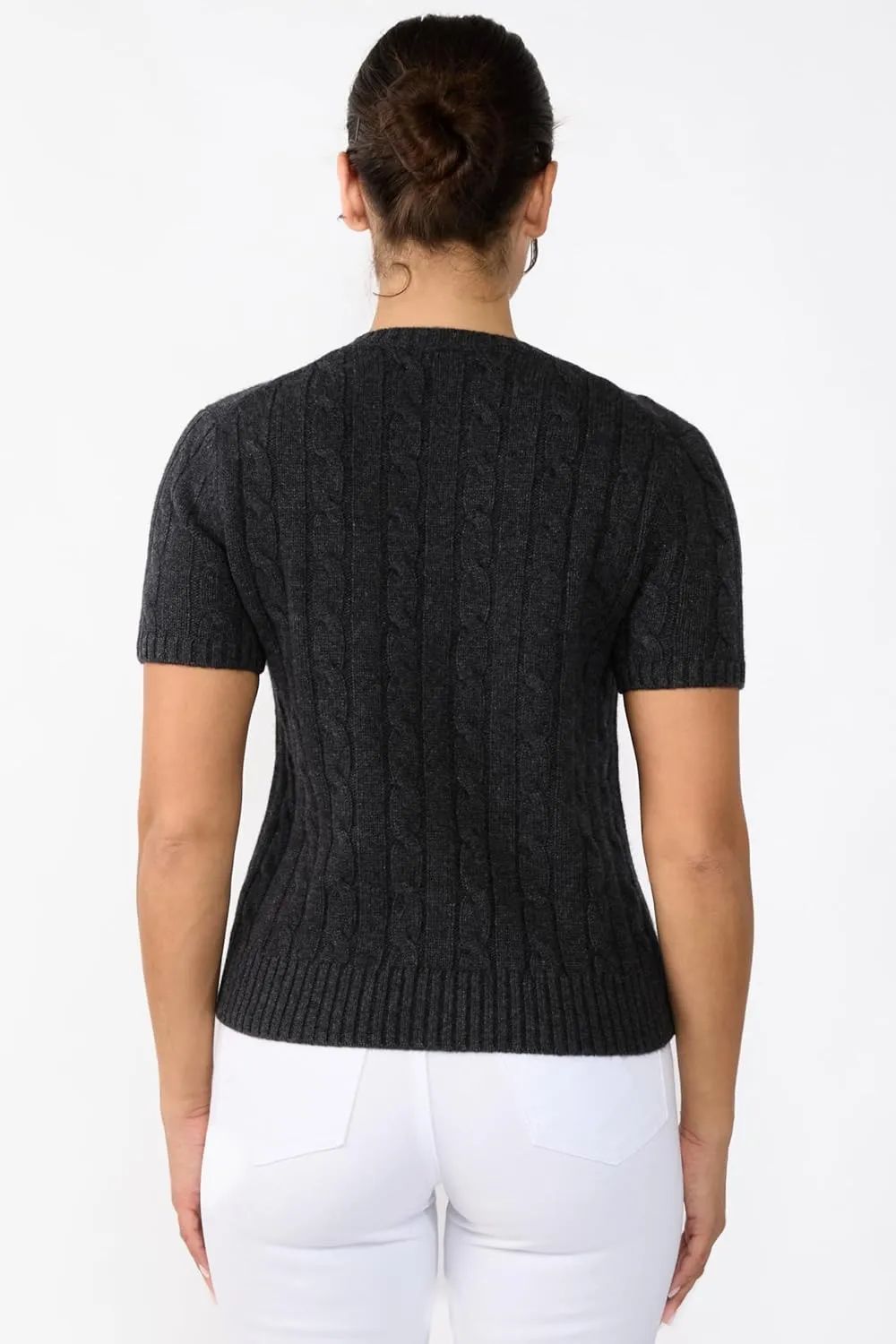JENNIE LIU Womens 70% Wool 30% Cashmere Chuncky Cable-Knit Crewneck Short Sleeve Sweater