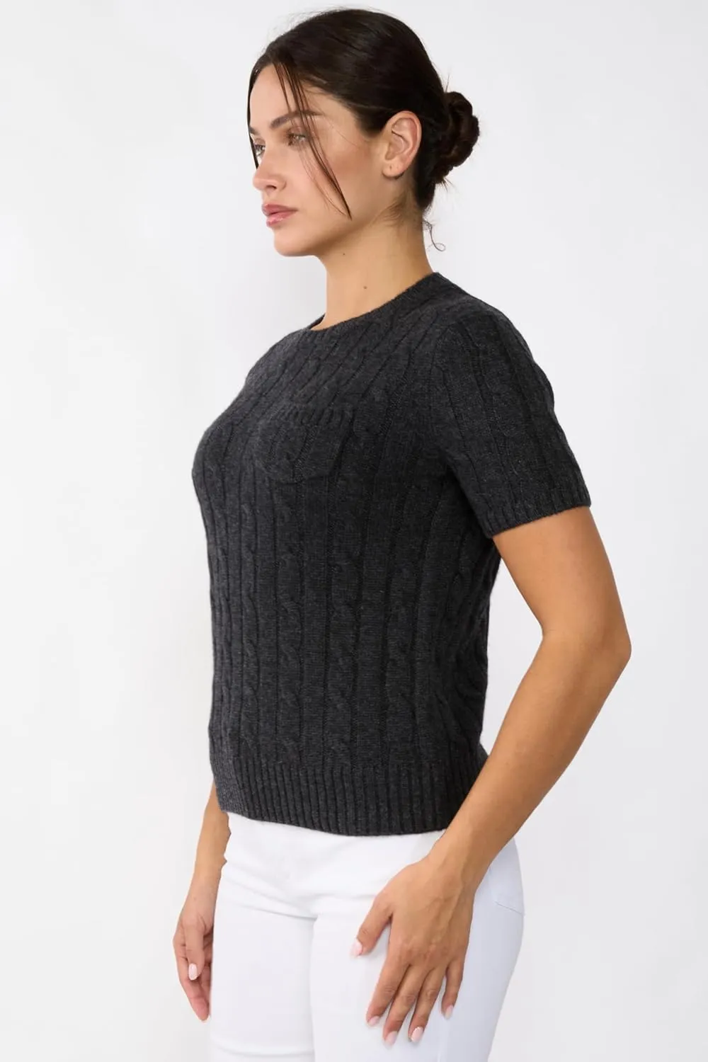 JENNIE LIU Womens 70% Wool 30% Cashmere Chuncky Cable-Knit Crewneck Short Sleeve Sweater