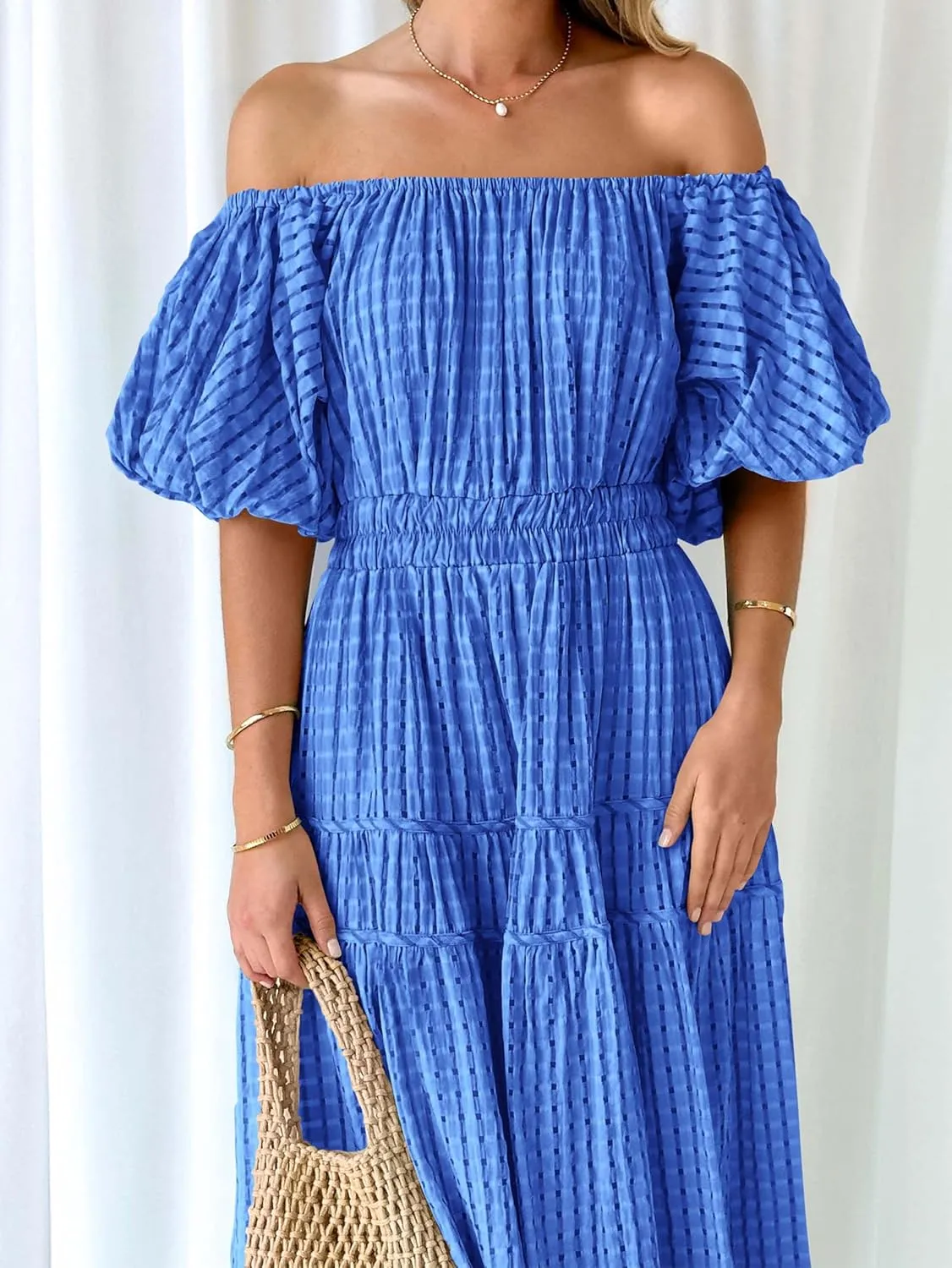 MASCOMODA Off The Shoulder Flowy Maxi Dress for Women 2024 Summer Casual Puff Short Sleeve Smocked Ruffle Beach Long Dresses