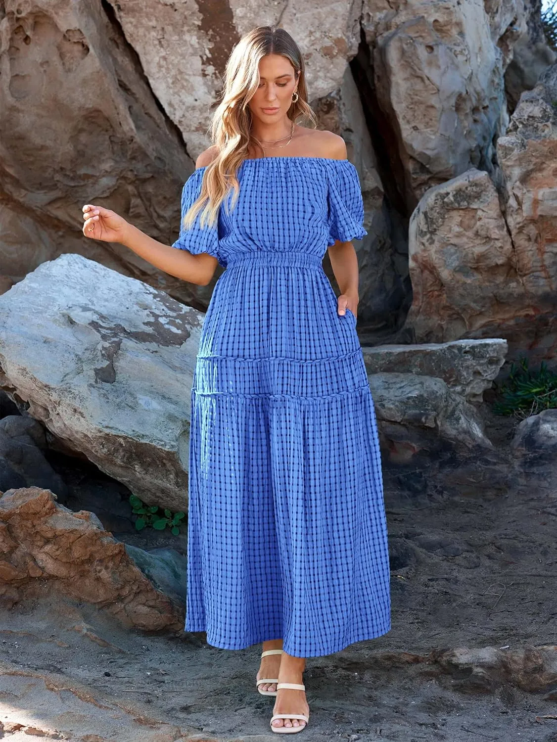 MASCOMODA Off The Shoulder Flowy Maxi Dress for Women 2024 Summer Casual Puff Short Sleeve Smocked Ruffle Beach Long Dresses