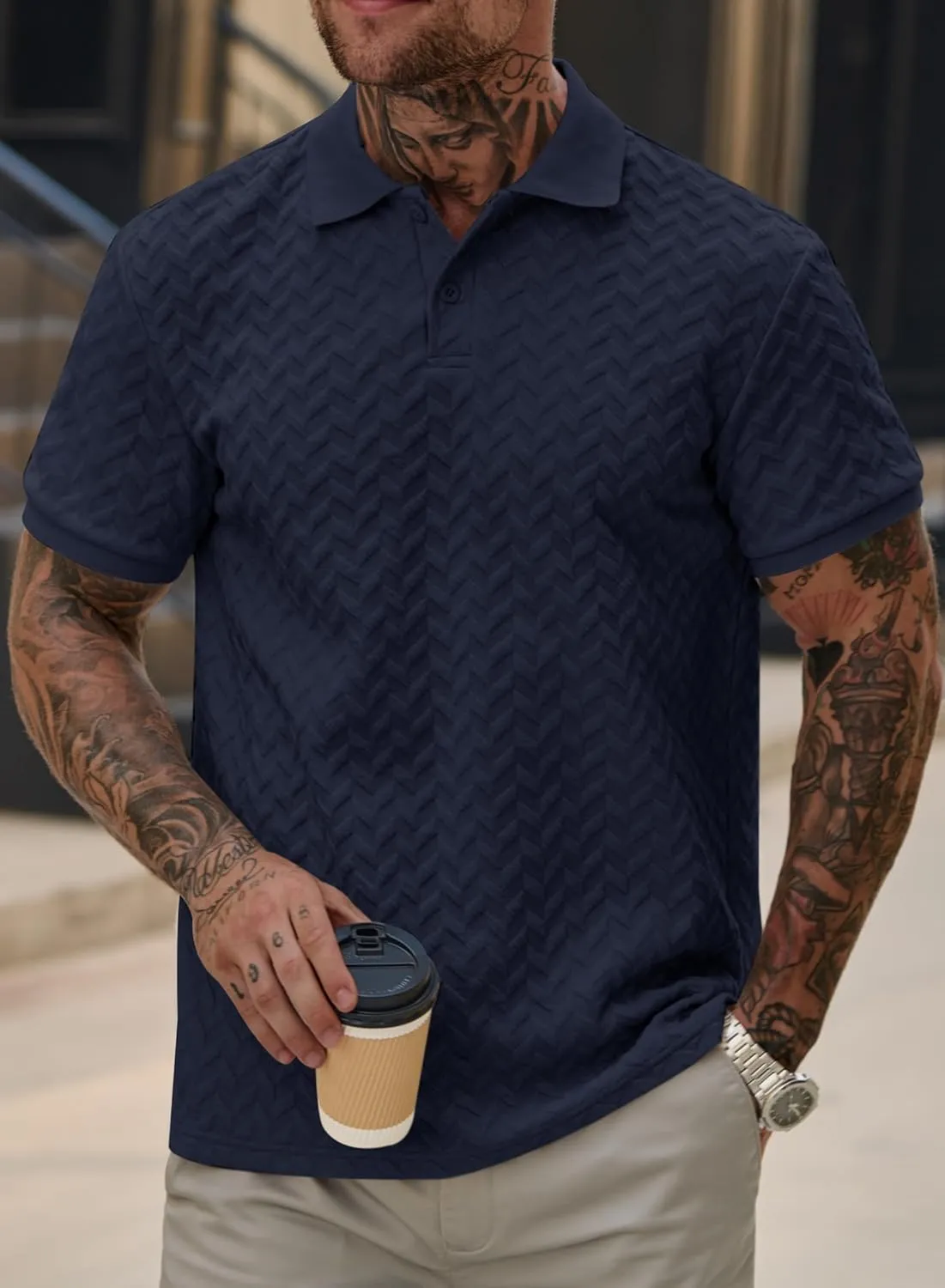 Men Textured Polo Shirts Casual Summer Short Sleeve Poloshirt (S-XXL)