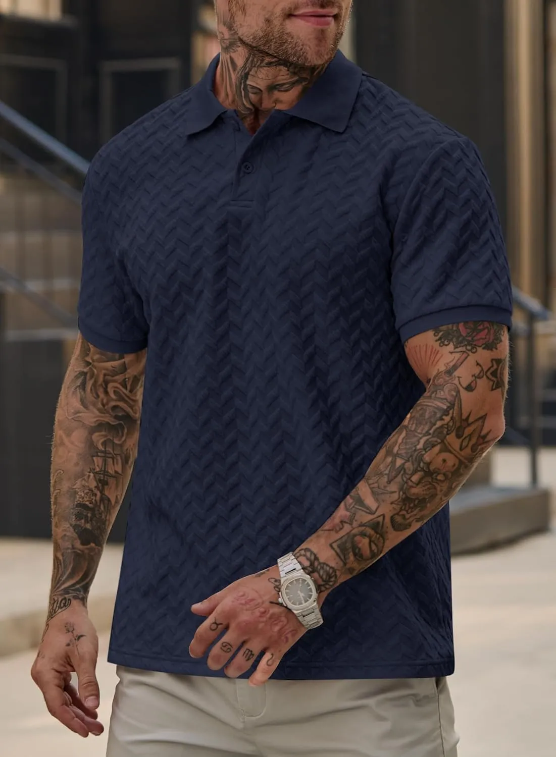 Men Textured Polo Shirts Casual Summer Short Sleeve Poloshirt (S-XXL)
