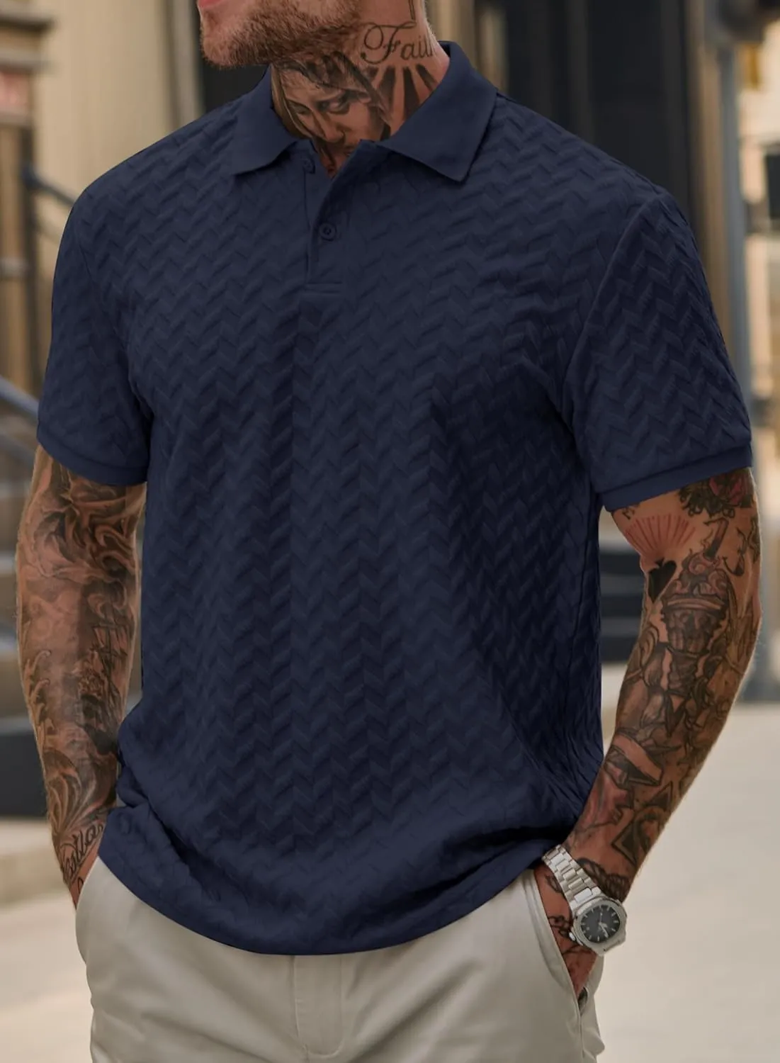 Men Textured Polo Shirts Casual Summer Short Sleeve Poloshirt (S-XXL)