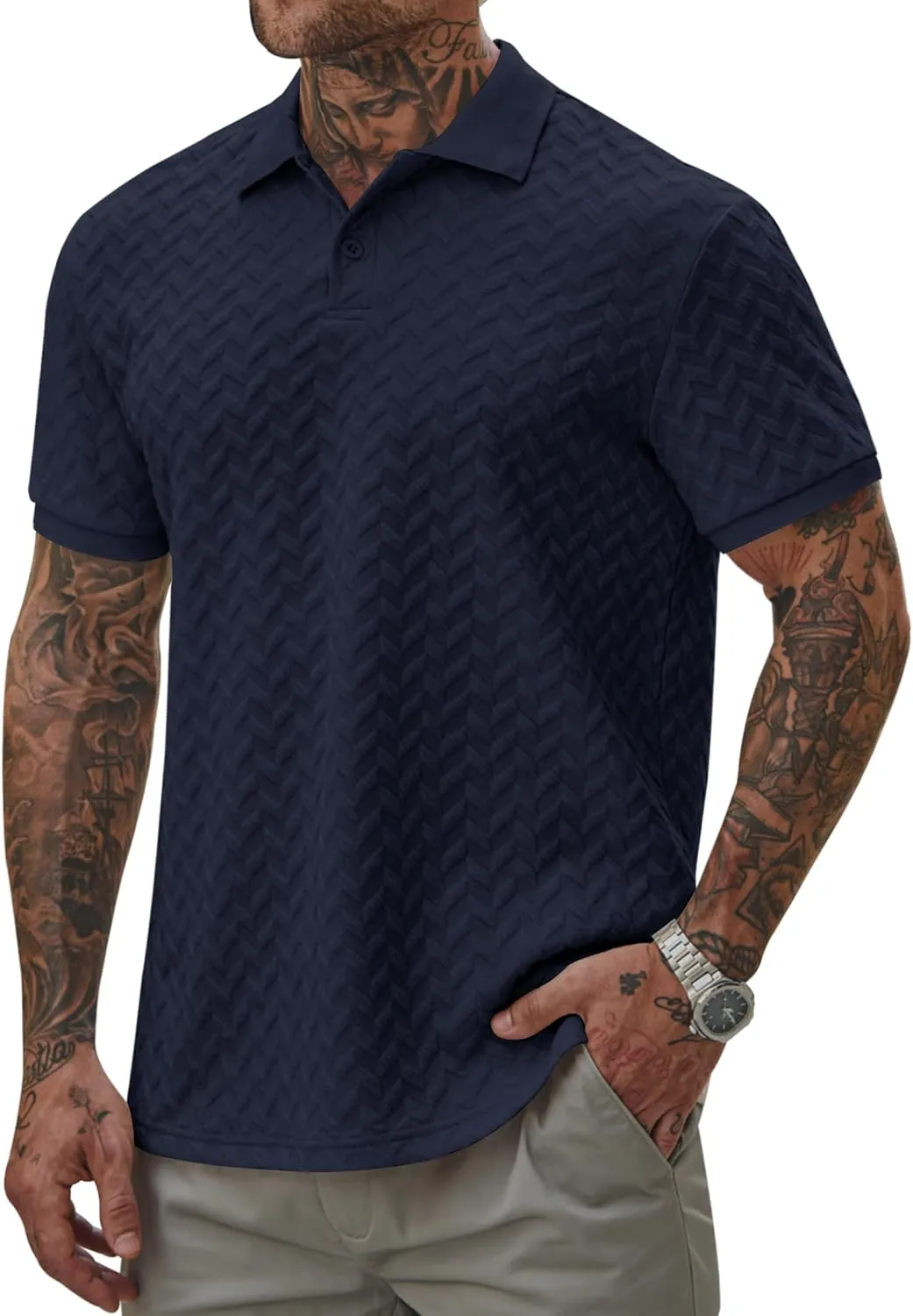 Men Textured Polo Shirts Casual Summer Short Sleeve Poloshirt (S-XXL)
