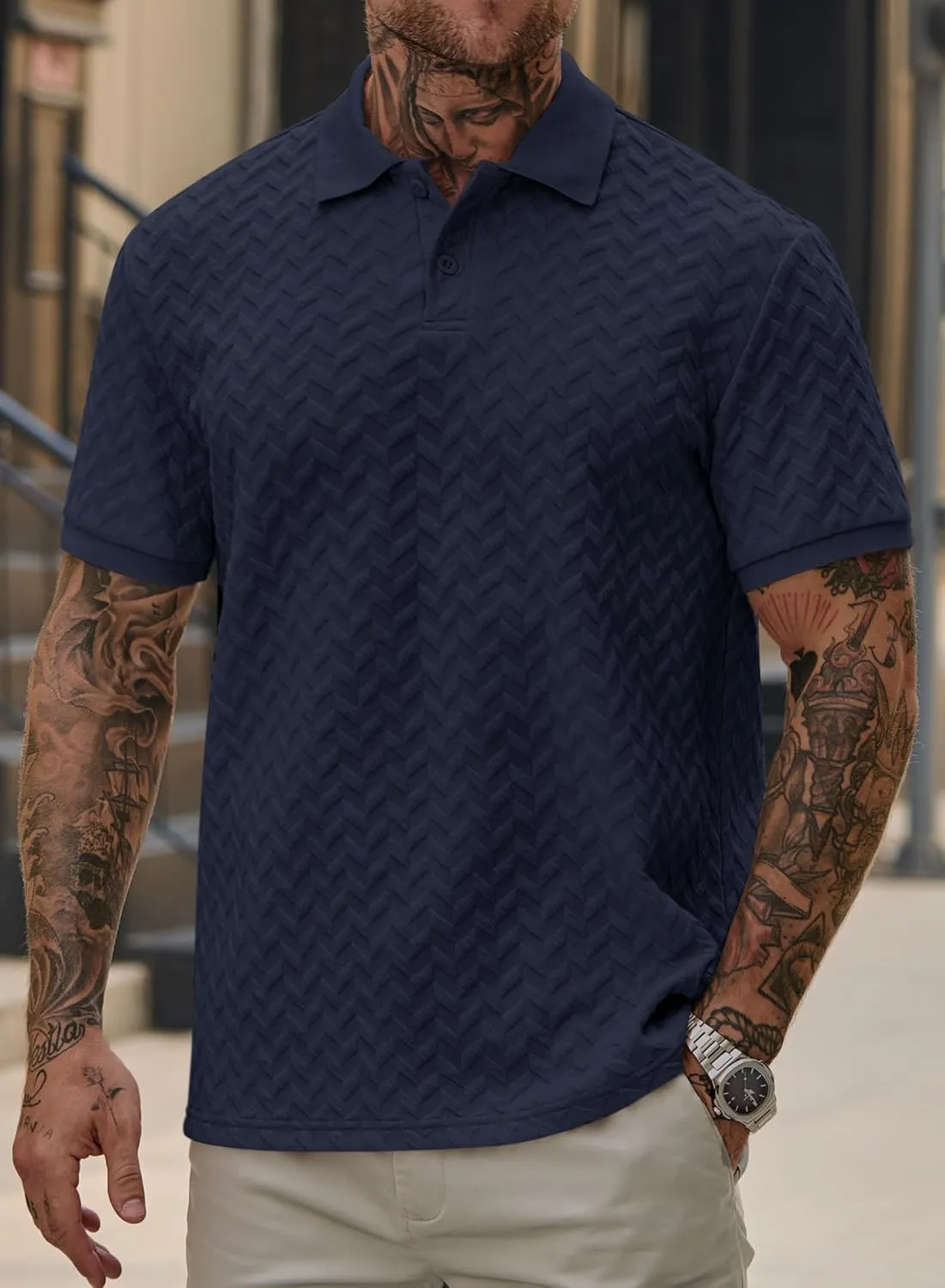 Men Textured Polo Shirts Casual Summer Short Sleeve Poloshirt (S-XXL)