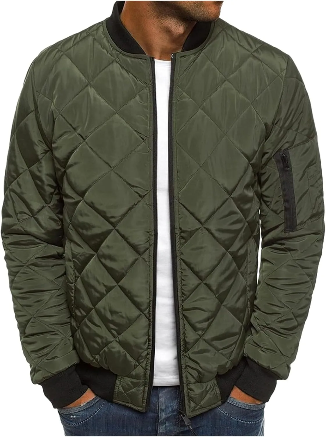 Mens Flight Bomber Jacket Relaxed Fit Diamond Quilted Varsity Jackets Fall Winter Lightweight Padded Coat Outwear