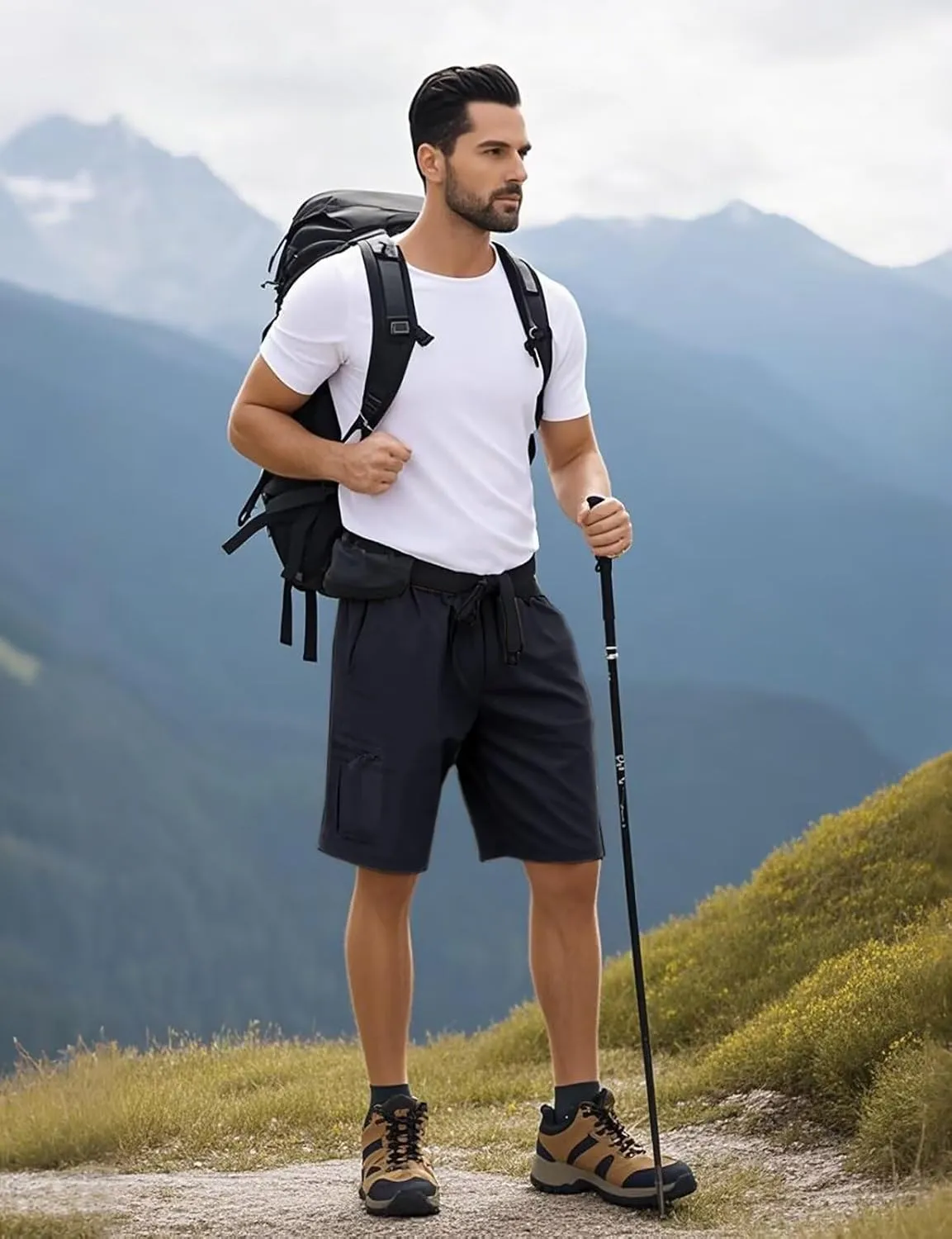 Mens Lightweight Hiking Cargo Shorts for Summer Athletic Casual Sports Outdoor Zipper Pockets Elastic Waist Quick Dry
