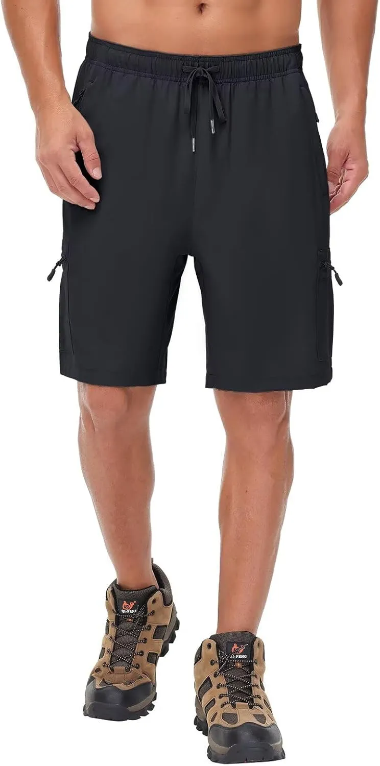 Mens Lightweight Hiking Cargo Shorts for Summer Athletic Casual Sports Outdoor Zipper Pockets Elastic Waist Quick Dry