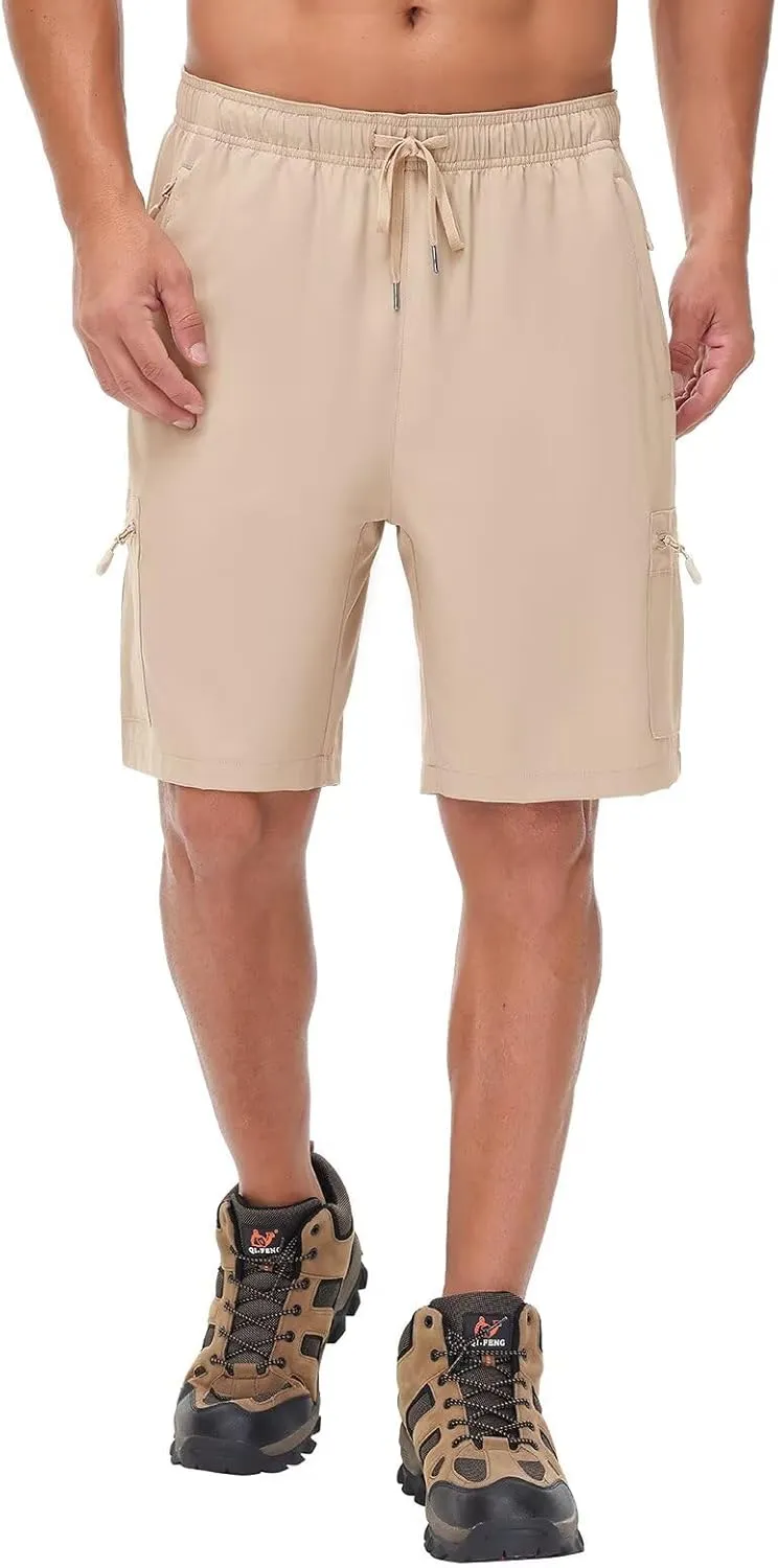 Mens Lightweight Hiking Cargo Shorts for Summer Athletic Casual Sports Outdoor Zipper Pockets Elastic Waist Quick Dry