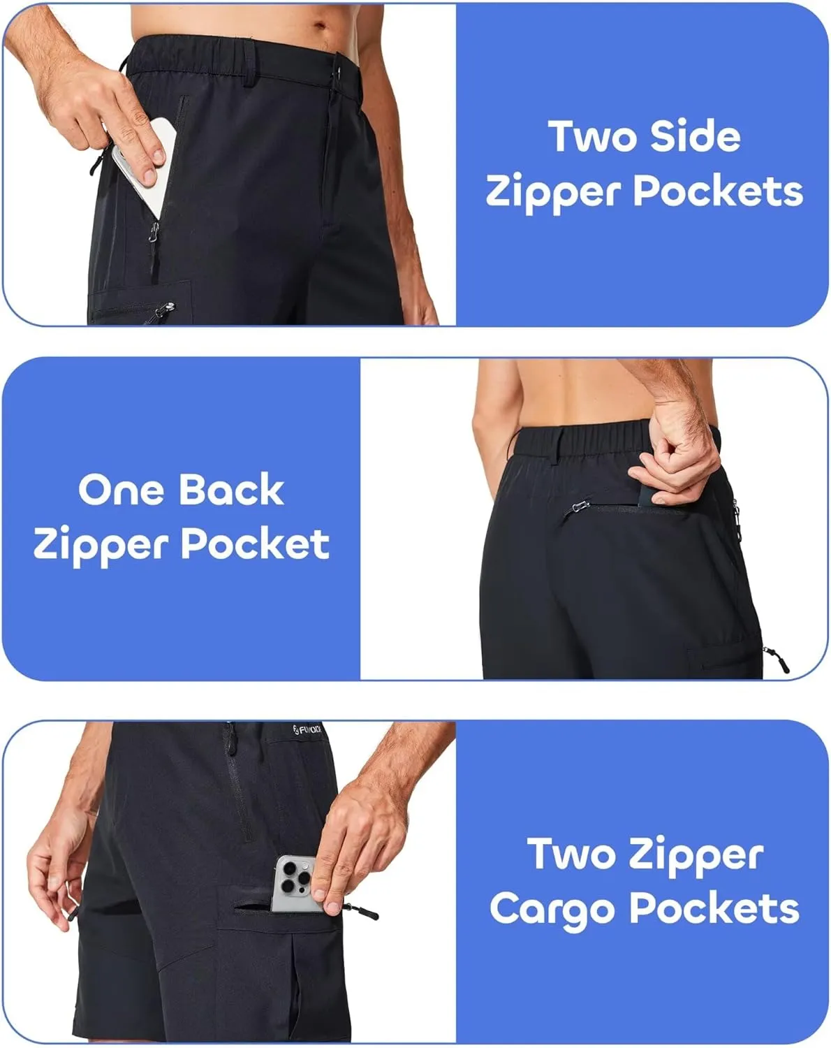 Mens Lightweight Hiking Cargo Shorts for Summer Athletic Casual Sports Outdoor Zipper Pockets Elastic Waist Quick Dry